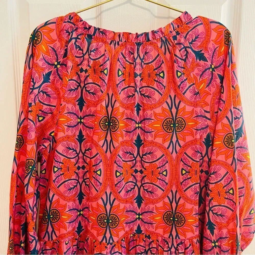 KING + PITT Pink Orange Floral Boho Tiered Dress Size Large - Picture 10 of 14